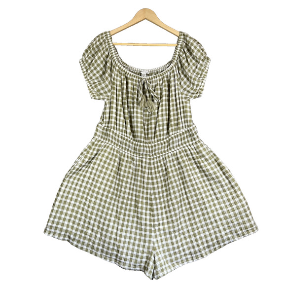 American Eagle Romper Size XL Green Off Shoulder Smocked Gingham Pockets Country - Picture 1 of 12